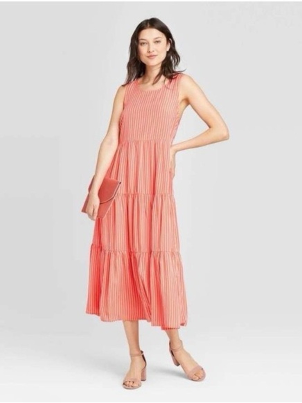 a new day Orange and Pink Striped Sleeveless Tiered Maxi Dress